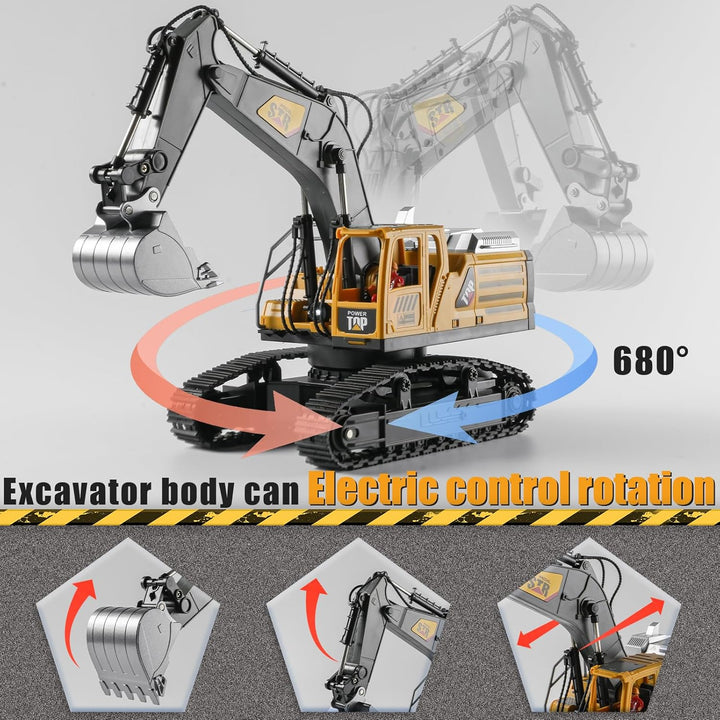Remote Control Excavator Toys for Boys,14 Channel RC Digger Construction Toys Tractor,Simulated Smoke, Sound, Lighting, Metal Digging Head, for Boys 6 7 8 9 10 11 12