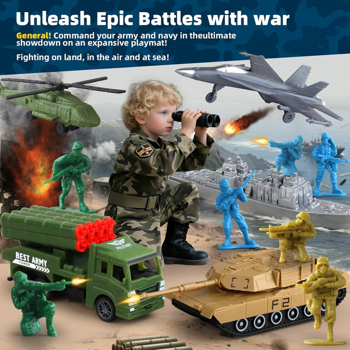 Army Men Action Figures, Army Toys for Boys Age 4-7 6-8 8-12, Toy Soldiers Playset Including Military Action Figures, Battle Mat & Weapon Gear Accessories, Green Army Guys Toys for Kids