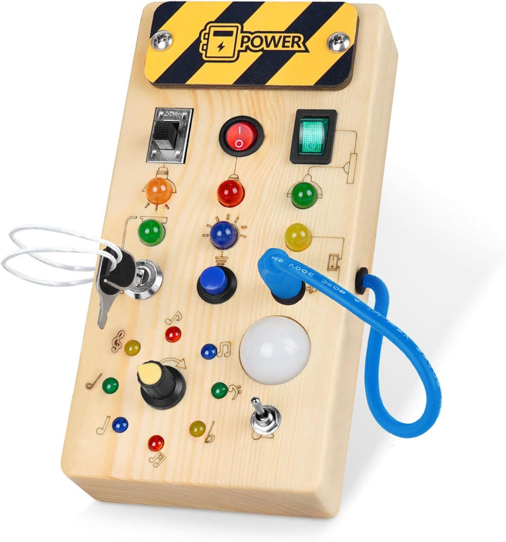 Montessori Wooden Busy Board with 8 LED Light Switches, Sensory Toys Light Switch Travel Toys for 1+ Year Old Baby and Toddler