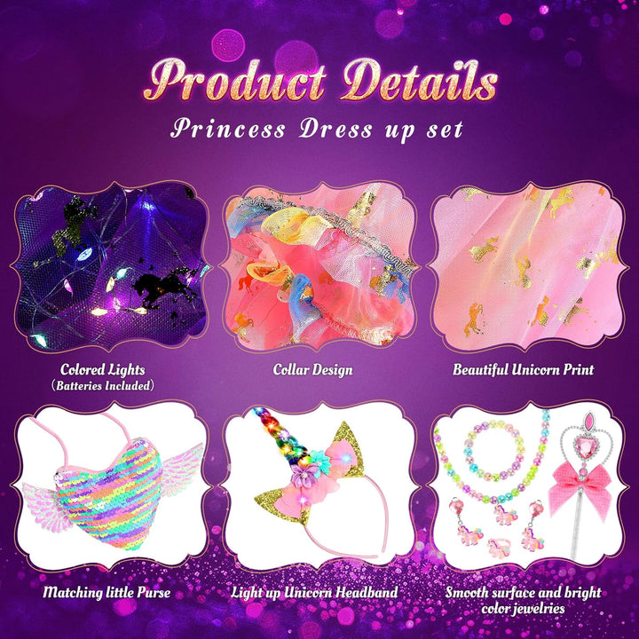 Princess Dress up for Girls,Unicorn Light up Princess Cape Set,Light up Princess Dress with Unicorn Toys for Girls 3-8 Halloween