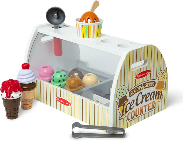 Wooden Scoop and Serve Ice Cream Counter (28 Pcs) - Play Food and Accessories