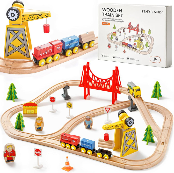 110PCS Wooden Train Set – Toy Train with Tracks for Kids Ages 3-7, Compatible with Major Brands, Ideal Railway Playset for Boys and Girls, Great Birthday