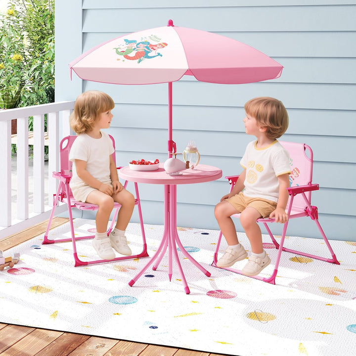 Kids Picnic Table, Animal Themed Toddler Outdoor Table and Chair Set, 2 Folding Chairs & Removable Umbrella, Children Outdoor Furniture for Backyard Patio Garden (Pink Mermaid)
