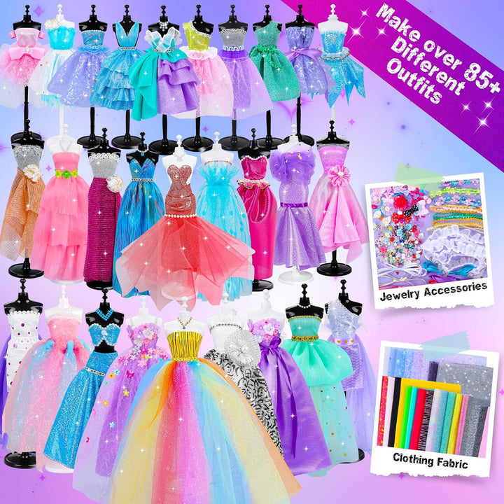 800+Pcs Fashion Designer Kit for Girls, Sewing Kit with 4 Mannequins, DIY Arts and Crafts Kit for Kids, Doll Clothes Making Kit, Girl Toys for Age 6 7 8 9 10 11 12 Year Old Gifts