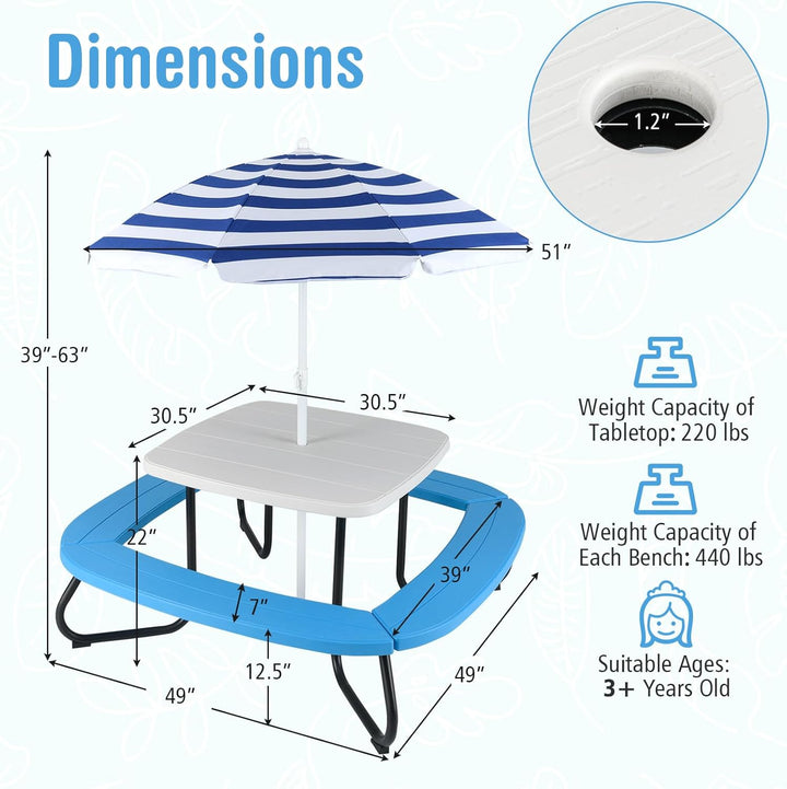 8 Seat Kids Picnic Table with Umbrella & 4 Built-In Benches, Fits 8 Children, Indoor Outdoor Toddler Picnic Table for Backyard Lawn & Patio (White+Blue)