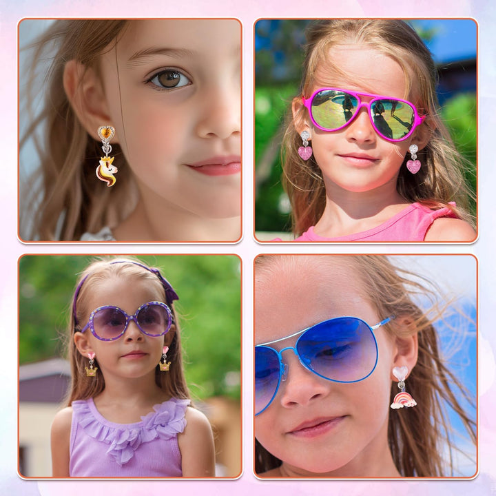 6 Pairs Clip on Drop Earrings, Colorful Non-Pierced Clip on Earrings Resin Rainbow Crown Flower Heart Clip on Earrings Ear Clips for Girls Kids Toddler Dress up Princess Jewelry Accessories