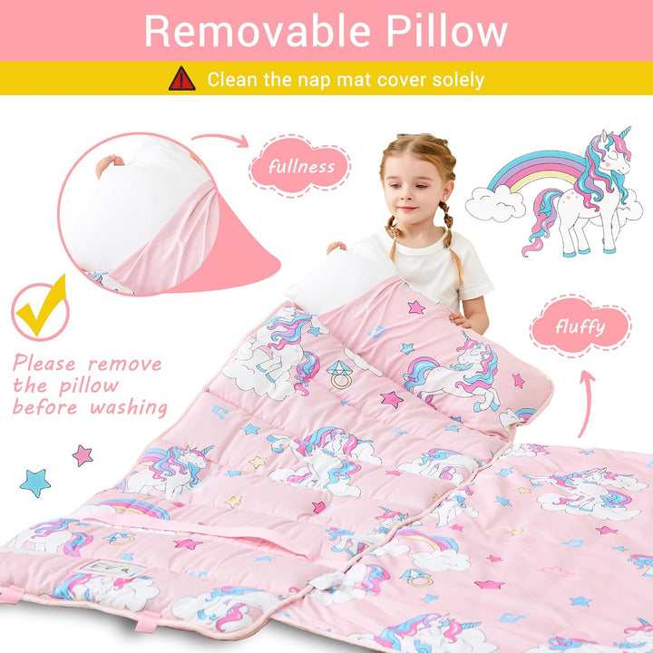 Toddler Nap Mat with Pillow and Blanket, Extra Large Rolled Napping Mats,Slumber Bags for Boys Girls,Kids Sleeping Bag for Daycare, Preschool Travel Camping