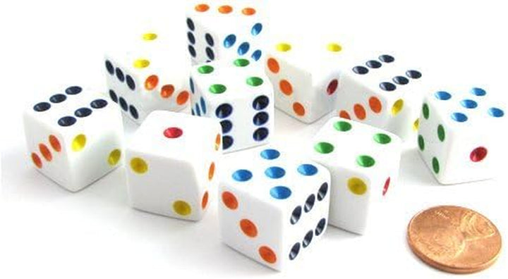 Set of 10 Six Sided D6 16Mm Standard Dice White with Multi-Color Pips