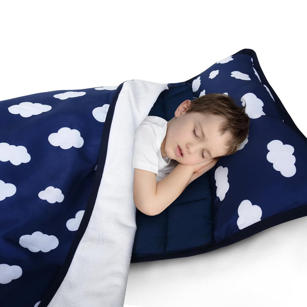Toddler Nap Mat with Pillow and Blanket, Cot Nap Mats for Daycare Preschool Kindergarten, Lightweight Portable Travel Sleeping Bag for Kids, Super Soft & Cozy, Navy Cloud, 50" X 21"