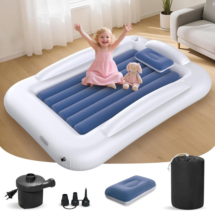 Inflatable Toddler Travel Bed - 60 Inches Portable Toddler Bed for Travel with Safety Sides - Cozy Kids Air Mattress Set with High-Speed Pump & Carry Case - Lightweight & Easy to Inflate -Blue