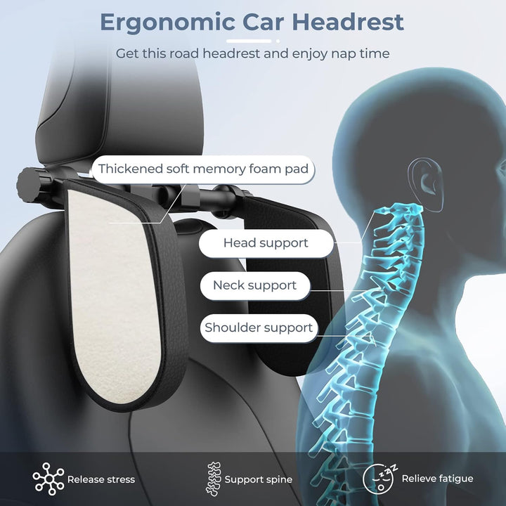 Adjustable Car Headrest Pillow, Road Pal Headrest, U-Shaped Travel Sleeping Pillow for Kids & Adults, Head Neck Support Only Suitable for Car Seat Headrest with Poles, Black