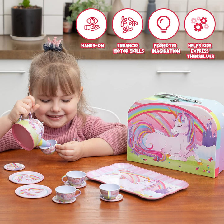 Unicorn Tea Set for Toddlers Tea Party Set for Children Kids Pretend Role Play Tin Teapot Set with Cups, Plates and Carrying Case Kitchen Toy for Little Girls Birthday Gifts Age 3 4 5 6