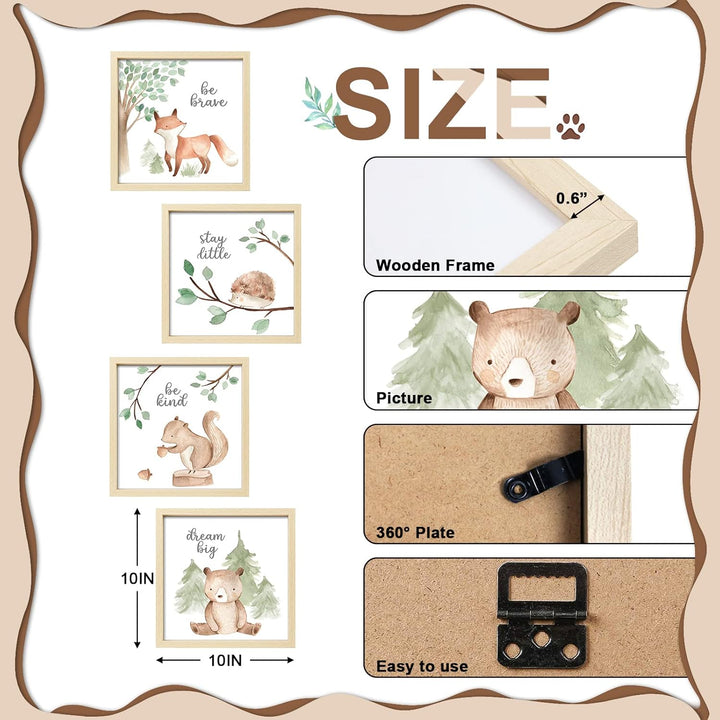 Framed Woodland Nursery Wall Decor, 10X10 Inch Cute Baby Safari Wall Art, Green Kids Art Frame with Forest Animals Prints for Playroom Classroom Bathroom Baby Shower Decoration(4 Pack)
