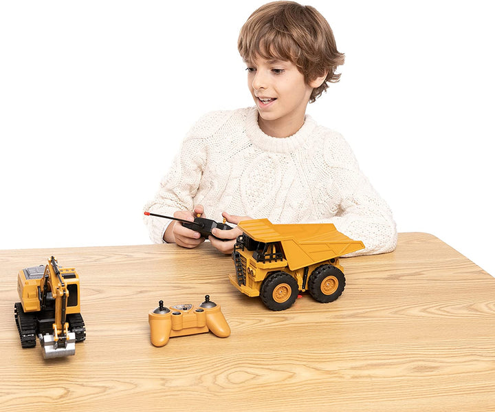 2 PCS Remote Control Construction Vehicle Toy Set, Friction-Powered RC Excavator & RC Dump Truck with Lights and Sounds for Imaginative Play, Birthday Gifts for Toddlers Boys Girls
