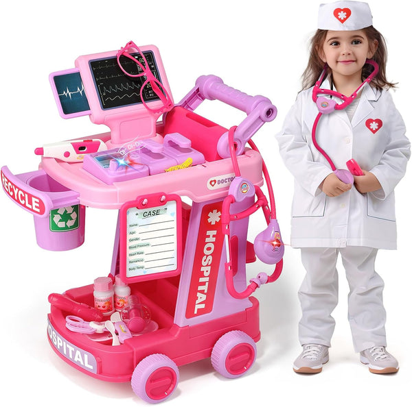 Doctor Kit for Toddlers Aged 2 3 4 5, Pretend Doctor Play Set for Kids with Cart, Costume and Stethoscope, Role Play Medical Toys for Girls Boys(Pink)