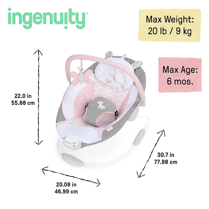 Soothing Baby Bouncer Infant Seat with Vibrations, -Toy Bar & Sounds, 0-6 Months up to 20 Lbs (Pink Flora the Unicorn)