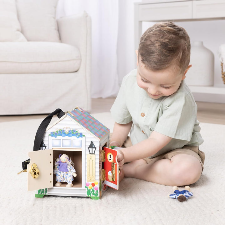 Take-Along Wooden Doorbell Dollhouse - Doorbell Sounds, Keys, 4 Poseable Wooden Dolls Portable Doll House, Doorbell House for Kids Ages 3+