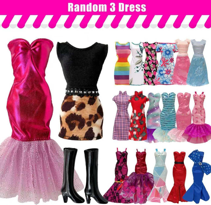 30 Pieces Doll Clothes and Accessories for 11.5 Inch Girl Dolls Including Random 5 Tops, 5 Pants, Random 3 Dresses, Random 3 Fashionable Dresses, Random 2 Swimwear, 6 Pairs of Shoes, 1 Bag, 5 Hangers