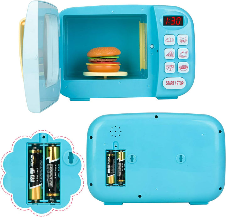 Microwave Toys Kitchen Play Set with Light Sound,Kids Pretend Play Electronic Oven with Play Food and 6 Color DIY Play-Dough for Children Ages 3+ Years (Blue)