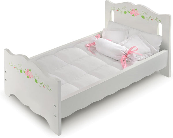 Wooden Doll Bed with Blanket and Pillow with Free Personalization Kit - Fits 18" to 20" Dolls - Ideal for Baby Dolls and Pretend Play Fun - White and Pink Rose Design