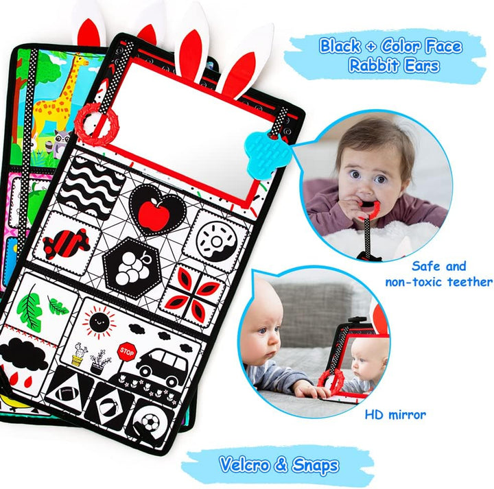 Tummy Time/Baby Mirror Toys, Black and White High Contrast Tabletop Mount Baby Newborn Toys 0 3 6 Months Brain Development, Sensory Texture Piano Infant Toys 0 3 6 Months with Squeaker