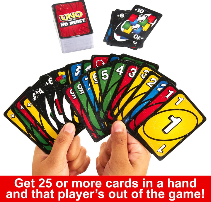 UNO Show ‘Em No Mercy Card Game in Storage & Travel Tin for Kids, Adults & Family Night with Extra Cards, Special Rules & Tougher Penalties (Amazon Exclusive)