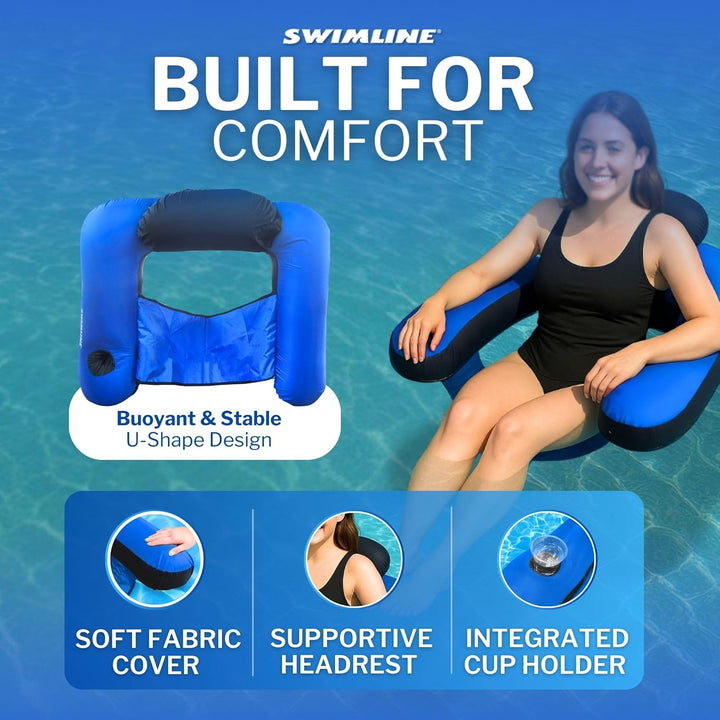 ORIGINAL Fabric Covered U-Seat Inflatable Pool Lounger | with Comfortable Sling Seat, Back Rest, and Built in Cup Holder | for Pool, Beach, Lake, and More