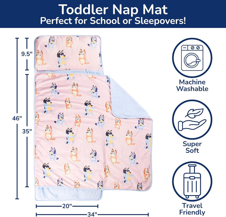 Toddler Nap Mat with Built-In Pillow and Blanket - Soft 46 X 20-Inch Microfiber Kids Sleeping Bag for School or Sleepover, Pink - Bluey & Bingo