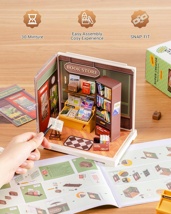 Mini Super Creator Series, DIY Miniature Memory Book Store Dollhouse House Kit, Bulid Scenary for Action Collectible Figures,Creative Gifts for Women Kid Adults