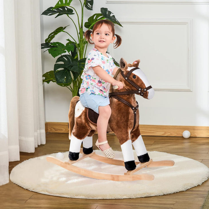 Kids Rocking Horse Plush Ride on Toy Toddler Rocker for Boys Girls Gifts with Realistic Sounds, Brown