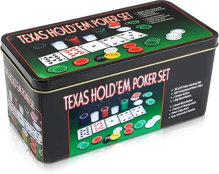 Texas Holdem Poker Game Set - Includes Hold’Em Mat, 2 Card Decks, Chips, Chip Holder and Tin Storage Box - Fun Game Night Supplies - Cool Casino Gift for Kids & Adults