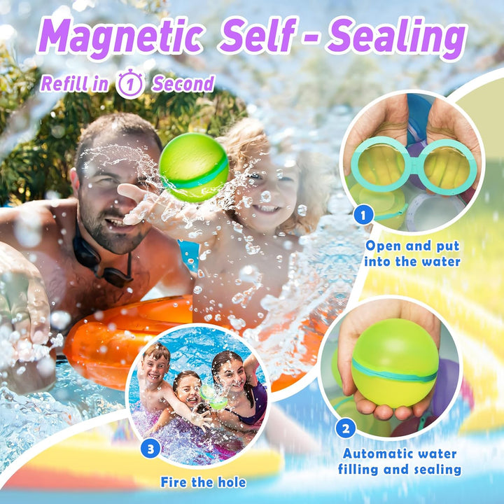 【12 Pack】Magnetic Reusable Water Balloons Fast Refillable for Kids Outdoor Activities, Latex-Free Kids Pool Beach Bath Toys, Self-Sealing Water Bomb Quick Fill for Summer Games (12)