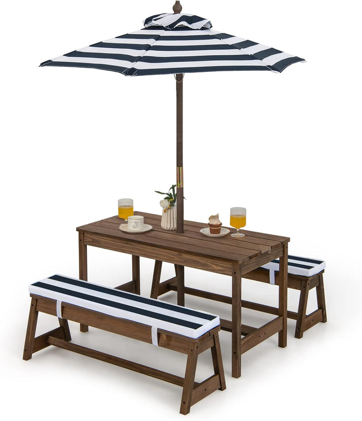 Kids Picnic Table, Toddler Wood Table & Chair Set W/Cushions, Height Adjustable Umbrella, Children Activity Table Outdoor Furniture Set for Patio, Garden, Backyard, Gift for Ages 3-8 (Coffee)