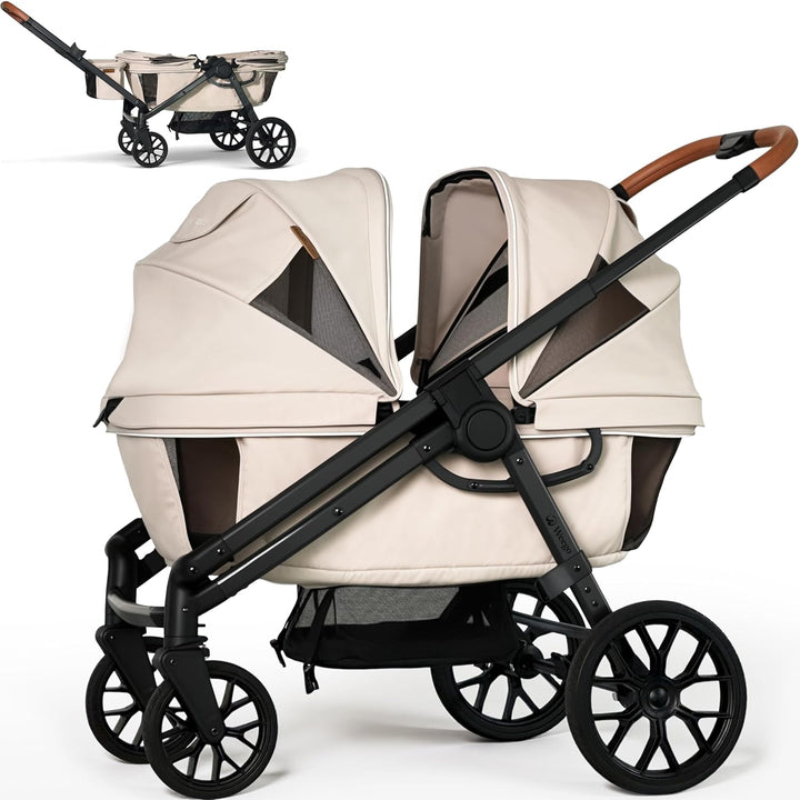 Tandem Wagon Stroller for 2 Kids, All-Terrain with Removable Uv-Protection Canopy, Adjustable Push/Pull Handle, Snack Tray & Cup Holders, Perfect for Baby and Toddler (Black)