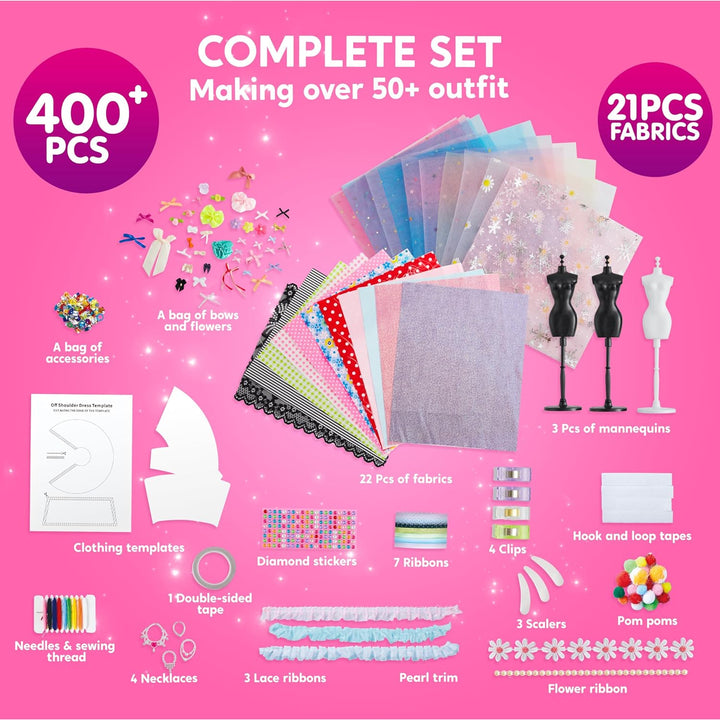 400+PCS Fashion Design Crafts for Kids, Art and Crafts, DIY Sewing Kits with 3 Mannequins for Girls Aged 8-12, Birthday Presents, Toys for Kids