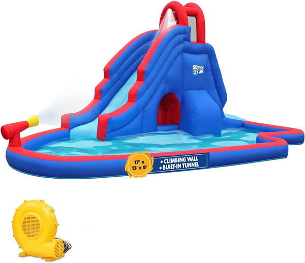 Deluxe Inflatable Water Slide Park & Splash Pool with Tunnel - Heavy-Duty for Outdoor Fun - Climbing Wall - Easy to Set up & Inflate with Included Air Pump & Carrying Case