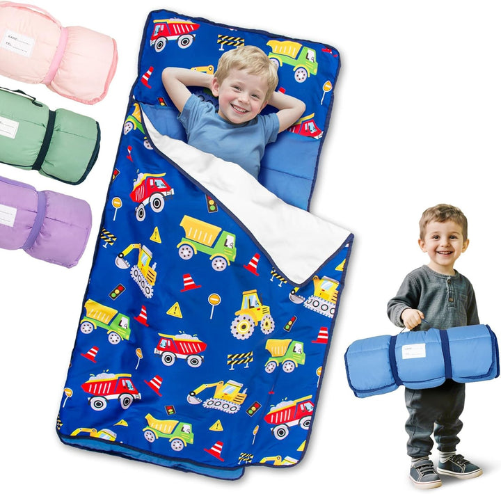 Lightweight Toddler Nap Mat Perfect for Warm Sleepers, Portable Sleeping Bag with Removable Pillow and Fleece Blanket, Washable, Great for 3 Seasons, Daycare, Preschool, Boy and Girls