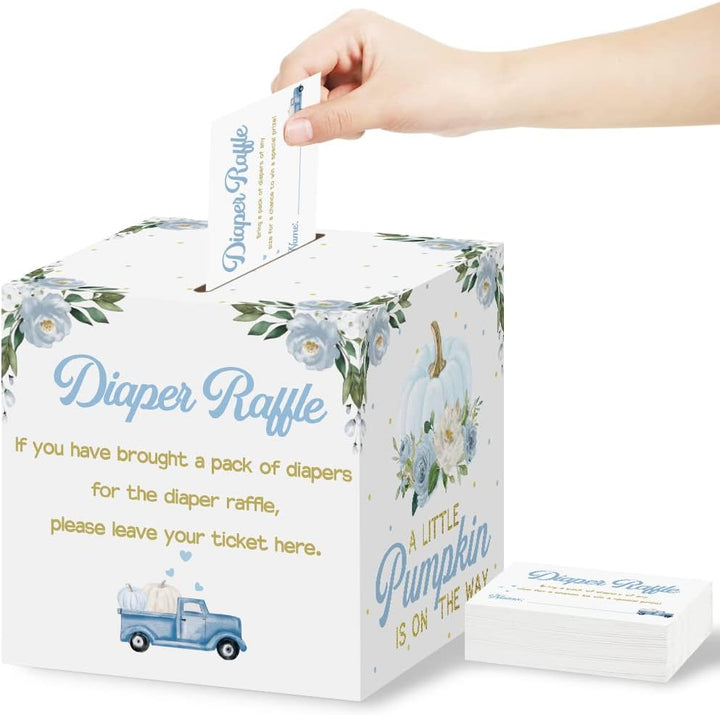 Diaper Raffle Card Box with 50 Pcs Pumpkin Diaper Raffle Tickets, Autumn Floral Pumpkin Diaper Raffle Card Box for Baby Shower Games Gender Reveal Party Invitation Insert Card Game (Pink)