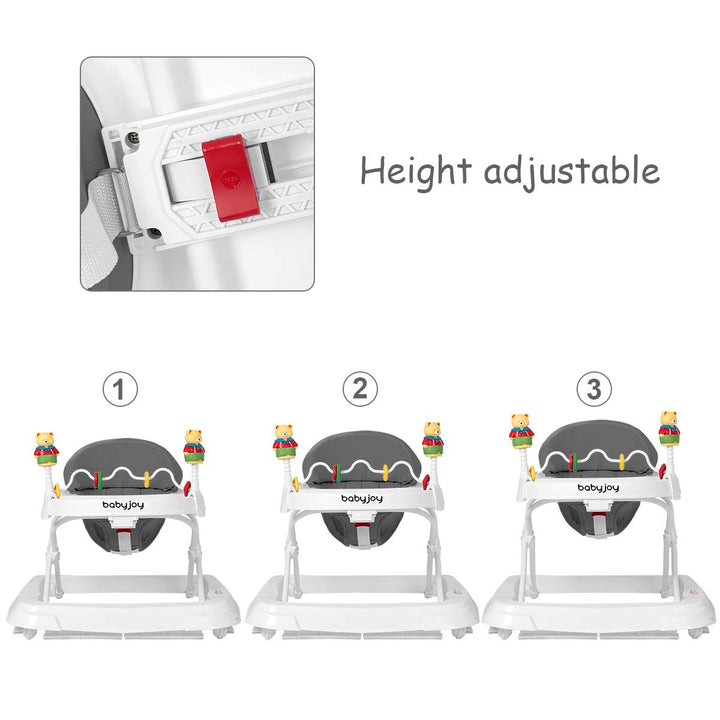 Baby Walker, Foldable Activity Walker with Adjustable Height, Large Tray & Removable Toys, Baby Walker with Wheels for Boys Girls 6-18 Months (Gray)