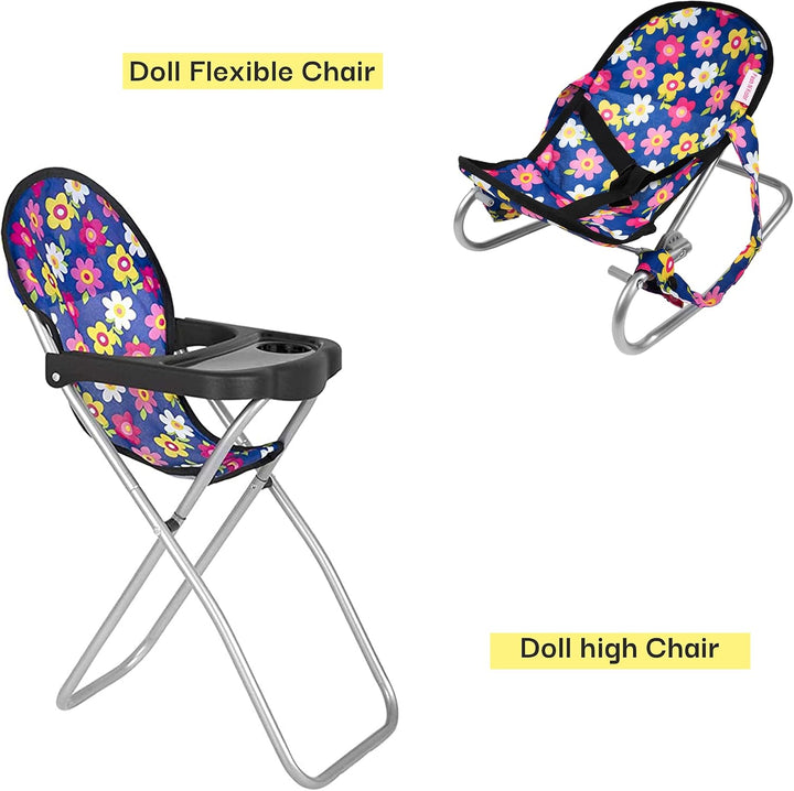 4 Piece Baby Doll Play Set Flower Design Includes - Foldable Pack N Play, Baby Doll Stroller, Baby Doll High Chair, Infant Seat, Fits up to 18'' Doll 4 Piece Doll Accessories Set