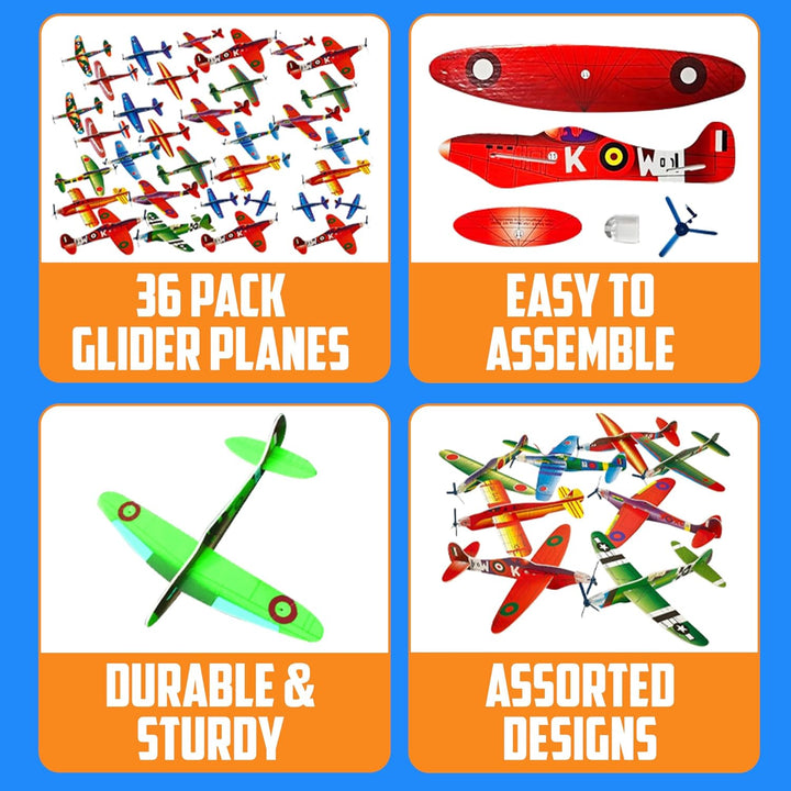 Glider Planes Bulk (36-Pack) 8-Inch Bomber Airplane Gliders for Kids, Foam Paper Airplane Construction Kits for Kids Party Favors, Birthdays, Goodie Bag Stuffers and Outdoor Flying Toy