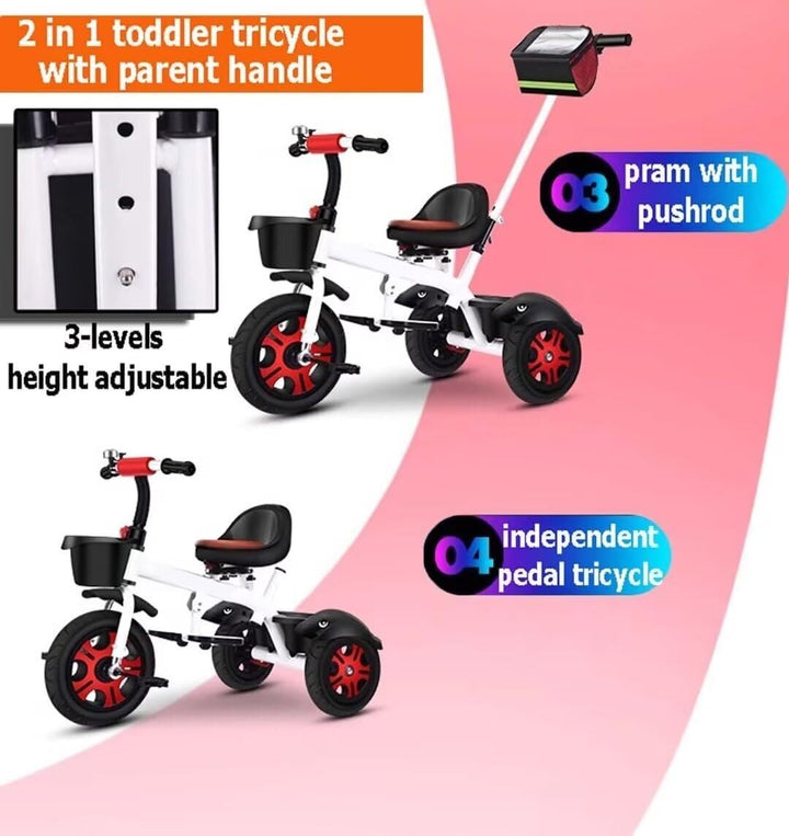 Reversible Seat Toddler Stroller Buggies, Children Pram with Canopy, High Back Guardrail and Belt, Parent Steering Tricycle Handle(White Red,No Headlight)
