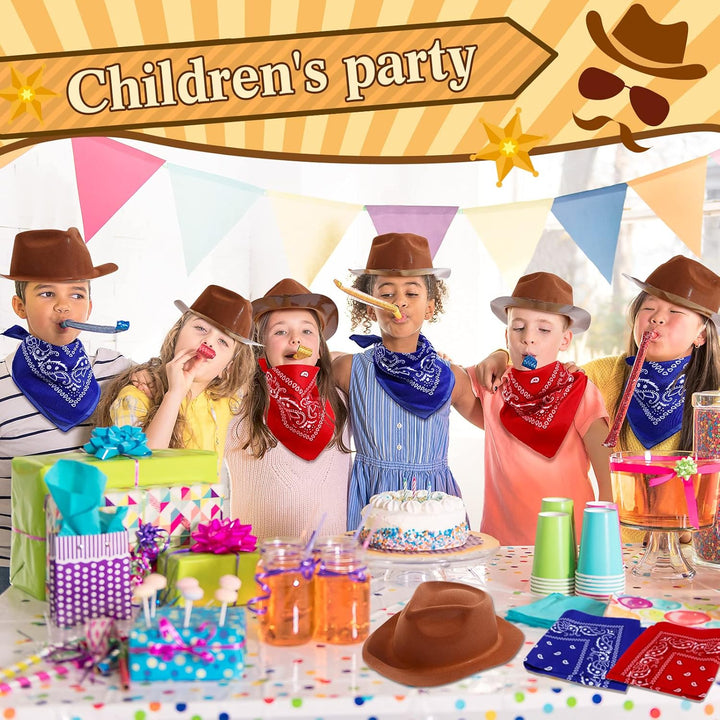 24 Pieces Western Cowboy Hat Set, Felt Cowboy Themed Party Hats with Paisley Bandanas for Kids Costume Party(Brown, Red, Blue)
