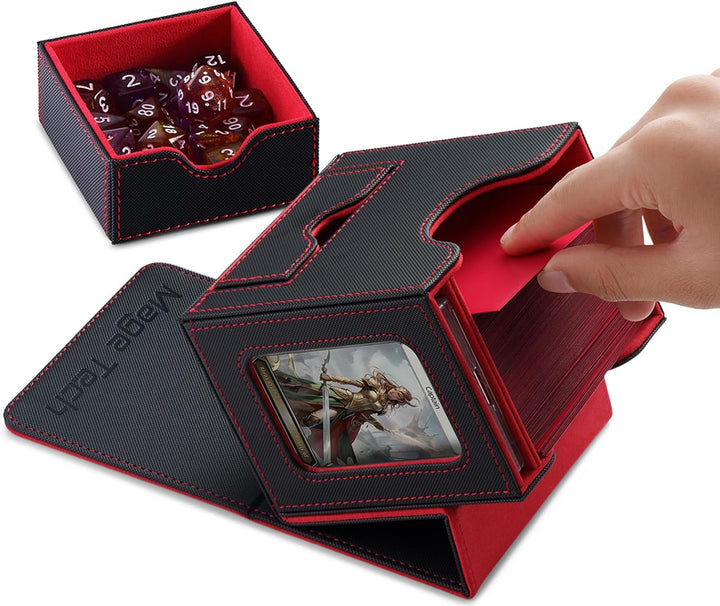 Card Deck Box for MTG Commander - Patented Design, Commander Display, Fits 100 Double-Sleeved Cards, 35Pt Card Brick & Dice Tray - Black/Red