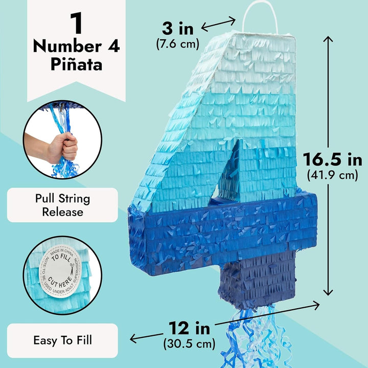Number 4 Pull String Pinata for Boys 4Th Birthday Party Decorations - Ombre Blue (16.5 X 12 X 3 in 4 Pinata)