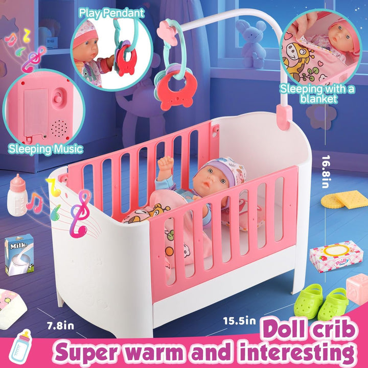 Baby Doll Crib and Stroller Accessories Play Set with 11" Baby Doll,Dining Chair,24 PCS Dolls Accessories and 2 Sets Clothes,Realistic Pretend Play for Girls Kids 3-5 4-6 5-7 Year Gifts