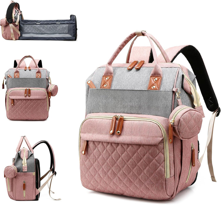 Diaper Bag with Changing Station, Waterproof 3 in 1 Baby Diaper Backpack with Foldable Changing Pad, Large Travel Back Pack for Baby Girl Boy, Peach Pink