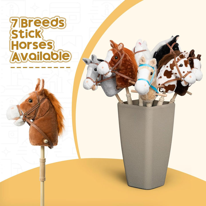 Stick Horse Plush Handcrafted Hobby Horse on a Stick with Wood Wheels Real Pony Neighing and Galloping Sounds for Kids Toddlers Dark Brown 36 Inches(Aa Batteries Required)