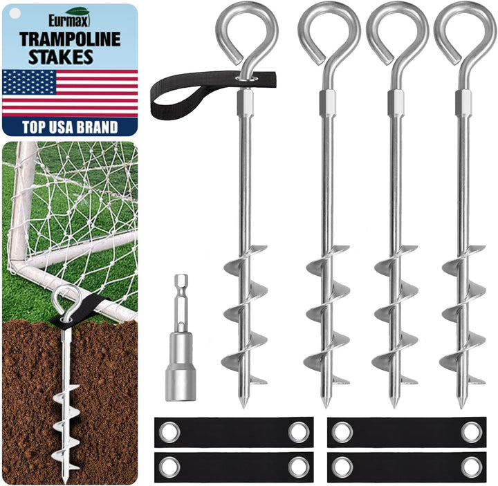 USA Trampoline Stakes Heavy Duty Trampoline Parts Corkscrew Shape Steel Stakes Anchor Kit with T Hook for Trampolines -Set of 4 Bonus 4 Strong Belt,Black