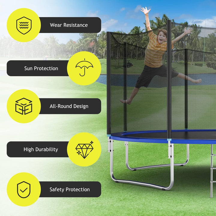 Trampoline Safety Net, 8 10 12 14 15 16Ft Weather-Resistant Replacement Enclosure Net for round Frame, with Double-Headed Zippers, Protection Buckles & Enhanced Hook, Poles Not Included